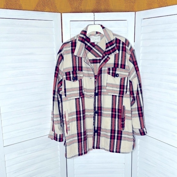 LUCKY BRAND l Plaid Flannel Long Shacket Shirt Jacket Fall Relaxed Size Large - Picture 1 of 13